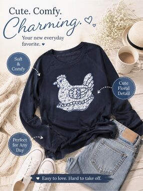 Amazon Navy Blue Long Sleeve Tee with White Floral Bird Graphic